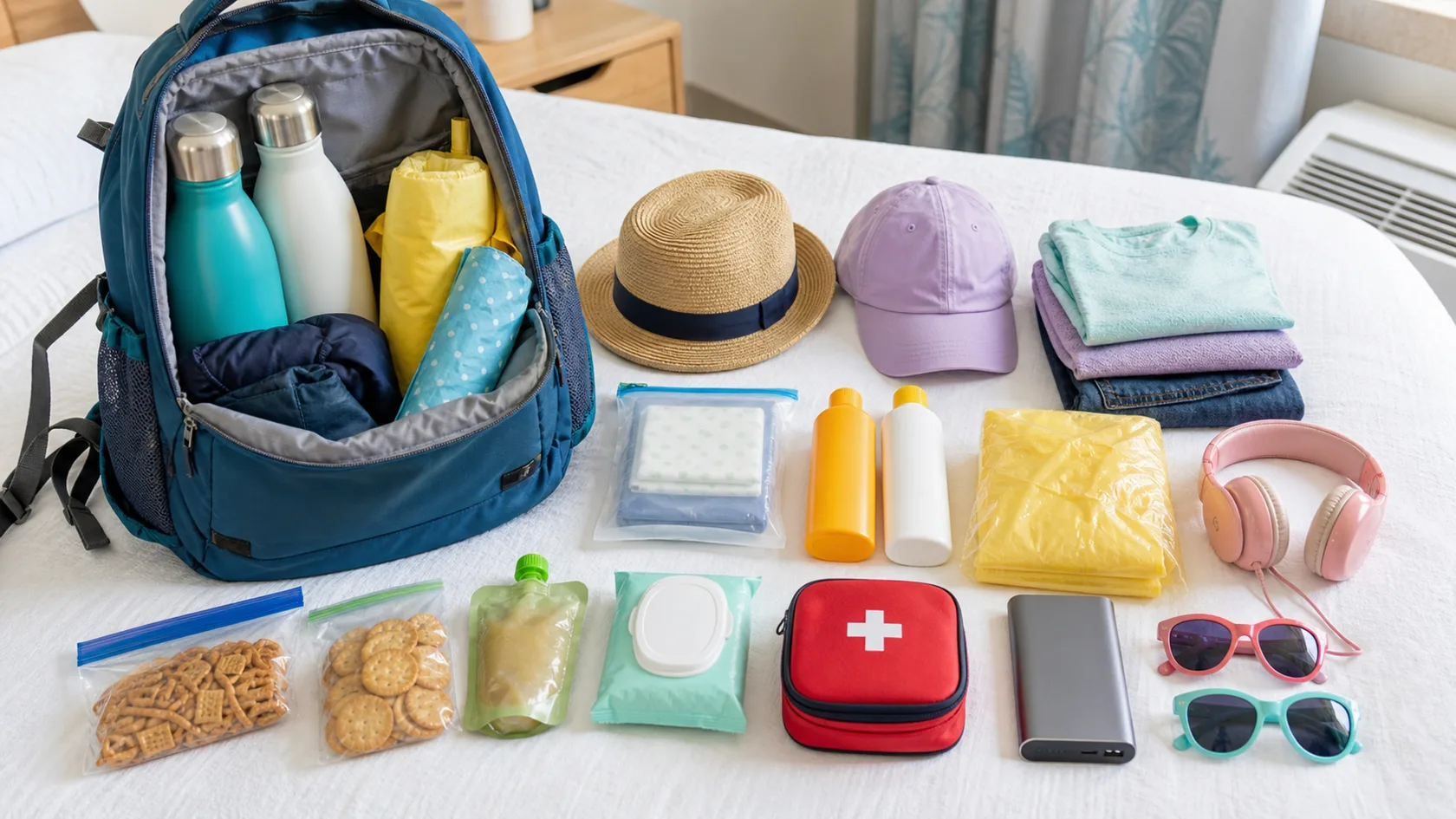 An Orlando family packing list scene with park bag, water bottles, snacks, rain gear, sunscreen, and headphones.